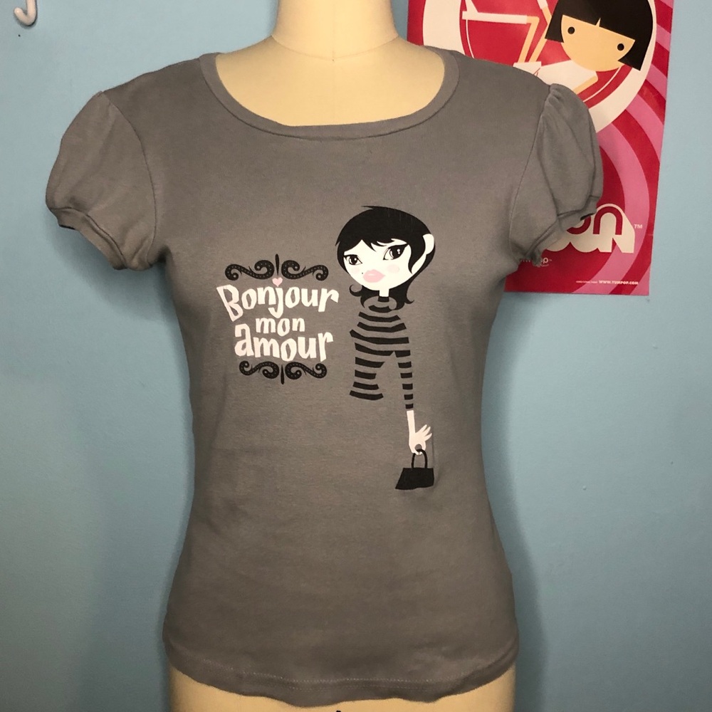 Y2K "Bonjour Mon Amour" Puff Sleeve Tee French Kitty Fine Mod Retro Hot Topic